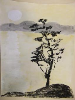 aquarelle reflet De lune   craie grasse arbre
